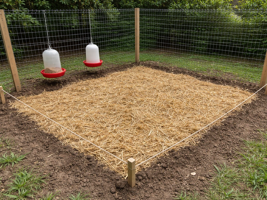 Small fenced outdoor chicken run with straw bedding, hanging feeder and waterer, and a 6x8 twine layout.