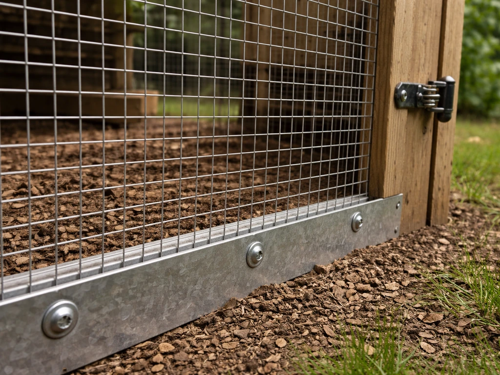 Close-up of galvanized hardware cloth covering a chicken run opening with a secure latch edge.