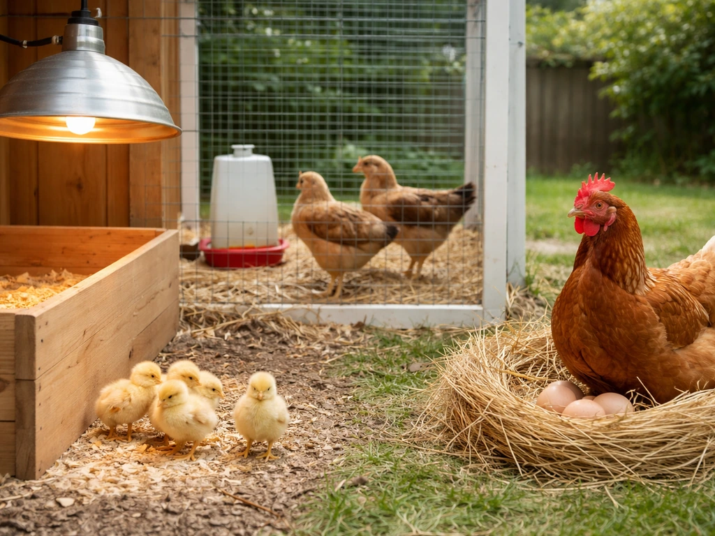 A simple farm timeline scene: chicks, feathering pullets, and a laying hen in sequence on bedding