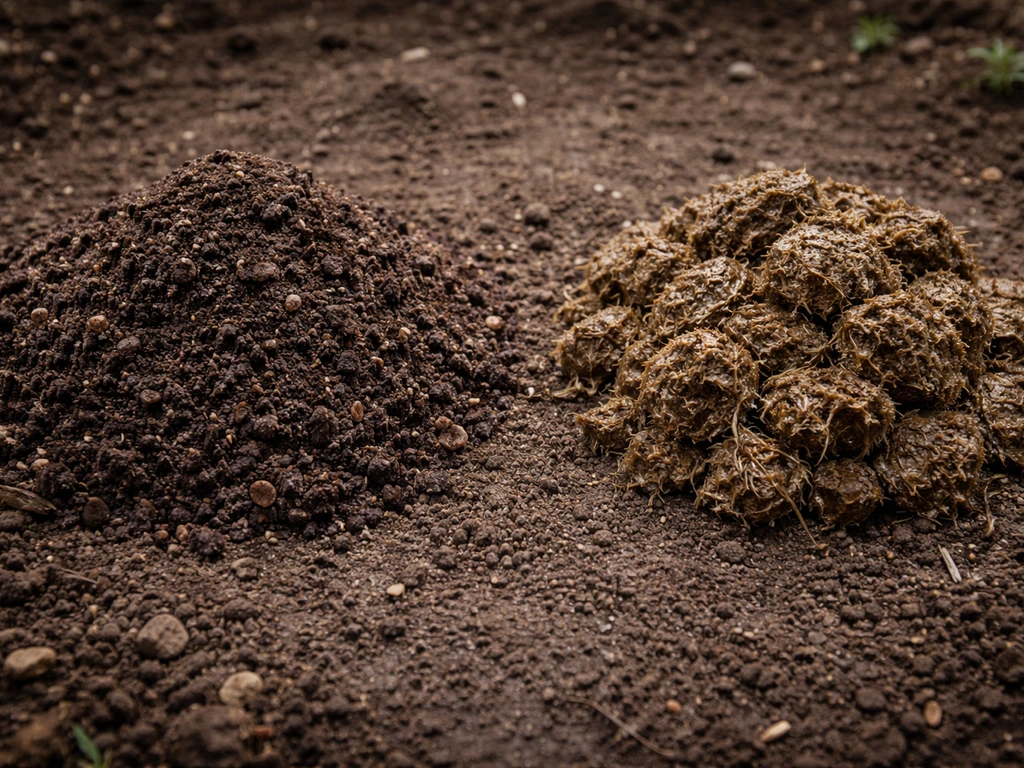 Close-up of two separated soil piles: rich finished compost on one side and fresh manure on the other