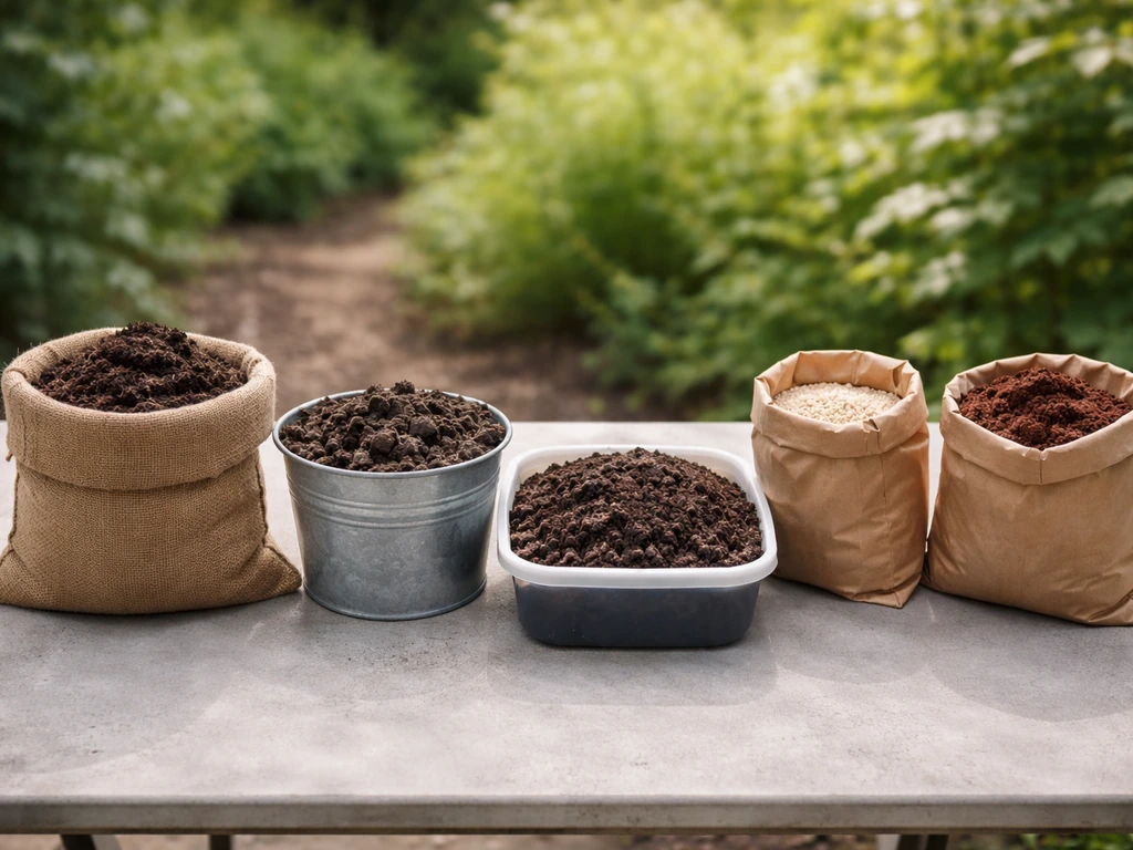 Side-by-side containers of compost, leaf mold, worm castings, bone meal, and blood/plant-based meal on a patio table.