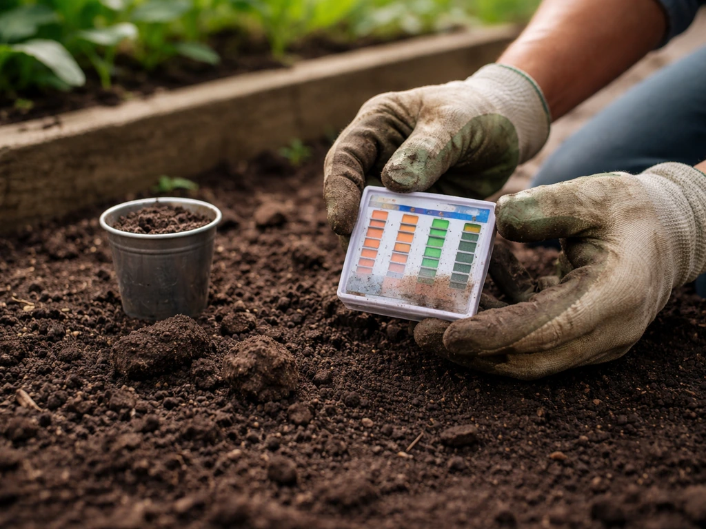 Gardener in a garden bed using a soil test kit with small soil samples and results visible on the kit.