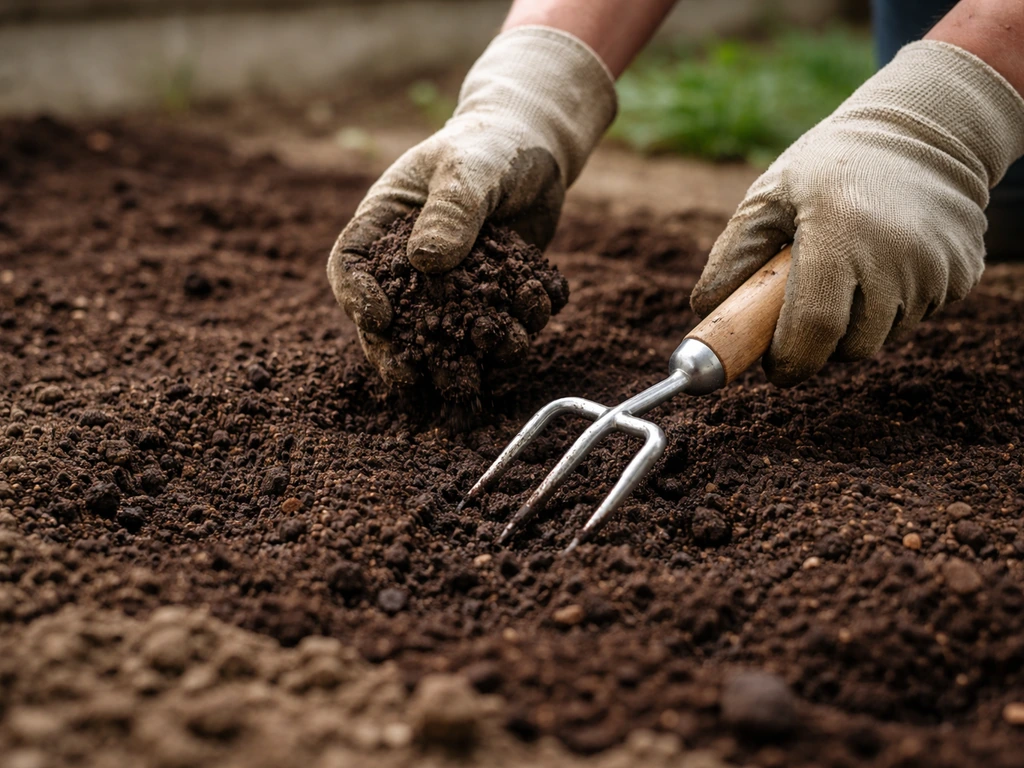 Gardener mixing well-composted aged manure into soil with a hand tool, vegetables absent.