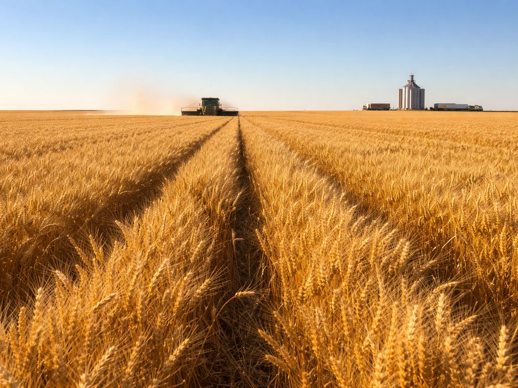 Sunlit wheat field with a distant combine and grain elevator silhouette, showing local grain production