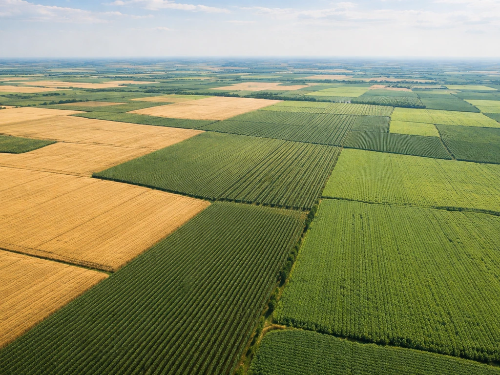 Aerial view of U.S. farmland with subtle highlighted wheat, corn, and soybean regions
