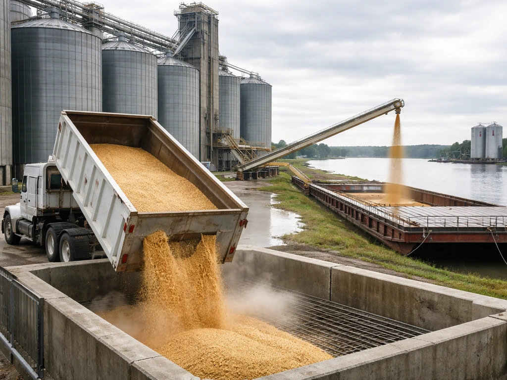 Golden grain loading from a truck into a country elevator, with a docked barge in the background.