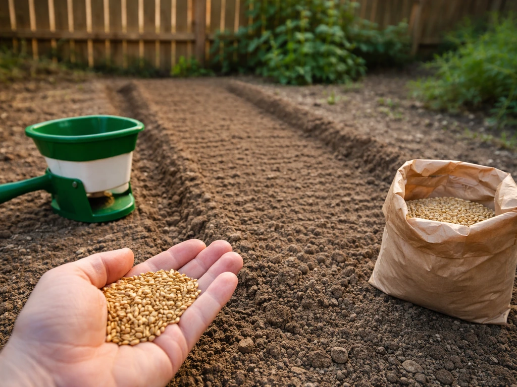 Small homestead grain test plot with hand seeder and raked soil ready for sowing seeds