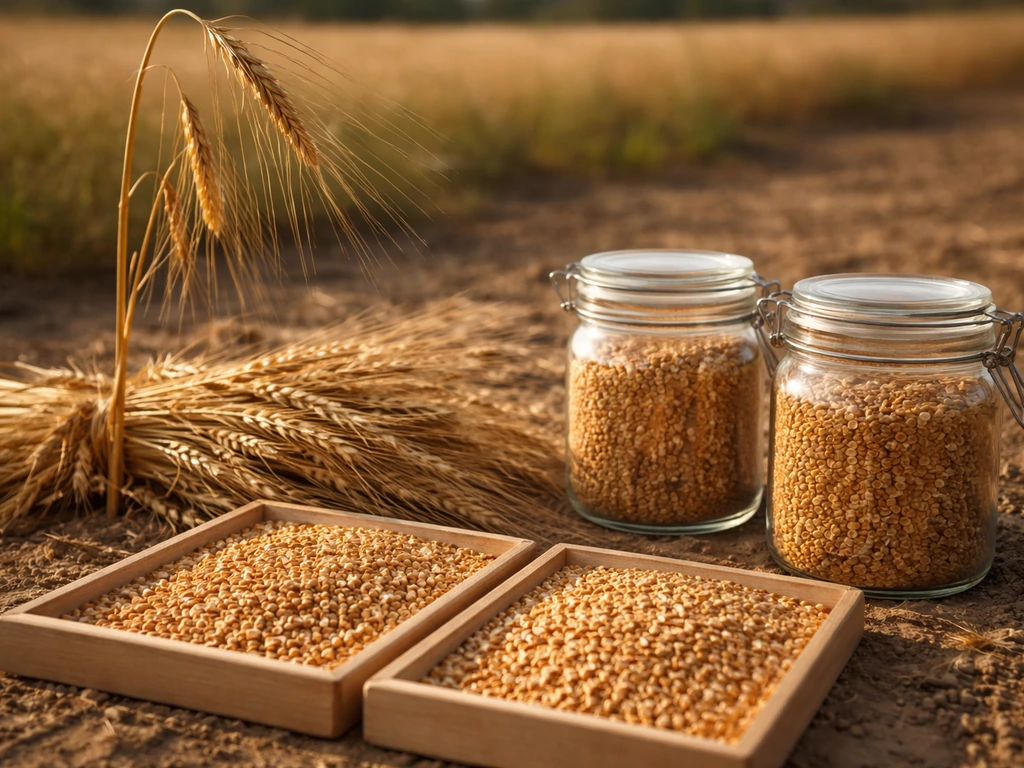Golden harvested grain, drying kernels on trays, and dry kernels stored in sealed glass jars.