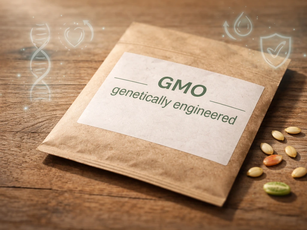 Close-up of an unbranded seed packet labeled “GMO / genetically engineered” with subtle DNA icons.
