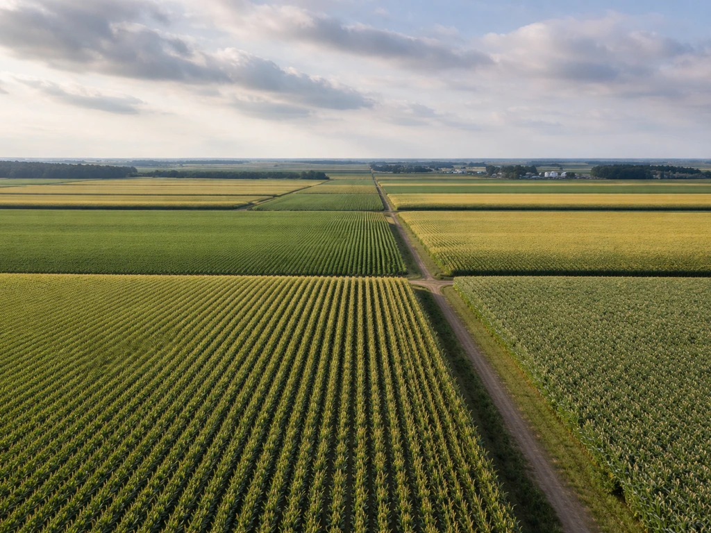 Aerial view of vast soybean and corn fields with clear crop rows in the Americas
