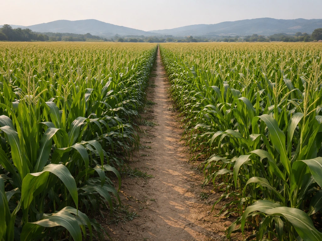 Wide view of a quiet Spanish maize field with rows of green corn under bright daylight