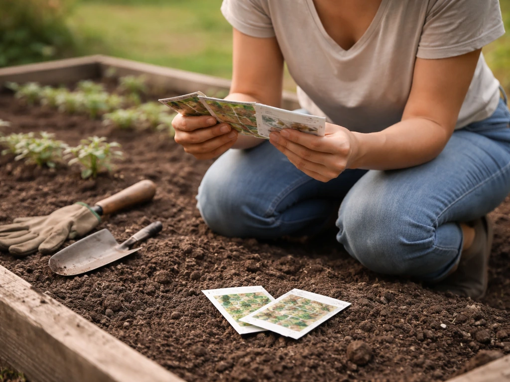 Anonymous gardener kneeling in a small raised garden, comparing seed packets over soil.