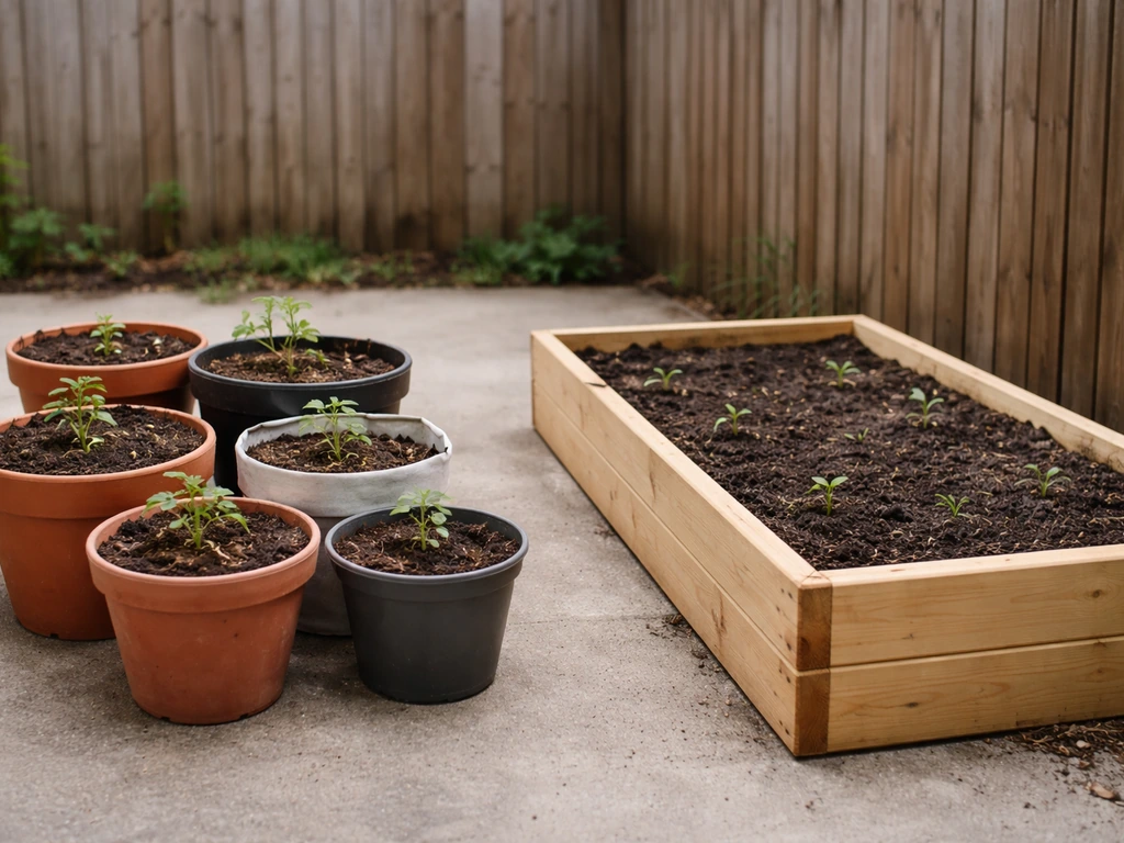 Side-by-side view of container planters and a raised bed with young seedlings in a backyard patio.