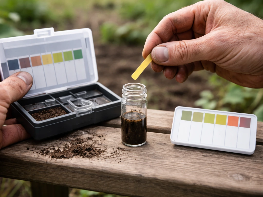 Close-up of hands using a soil pH test kit with strip and color comparison container on a bench.