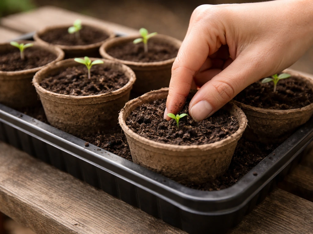 Seedling in a pot being gently covered with soil on a wooden bench, showing spacing between plants.