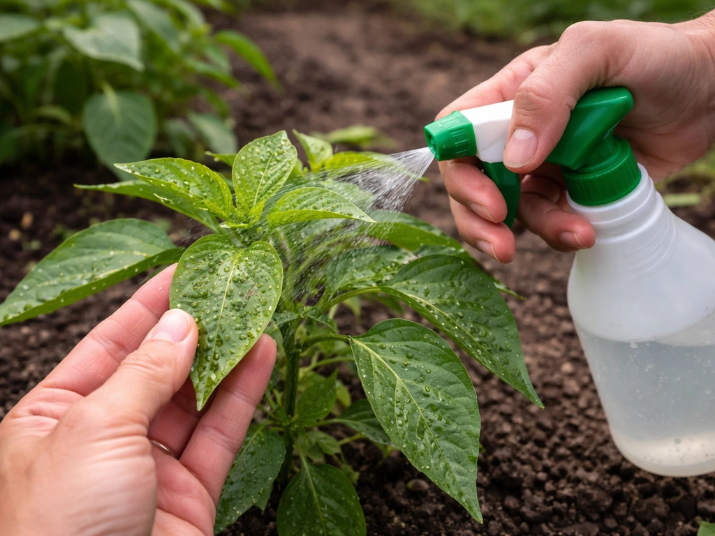 Close-up of gardener inspecting plant leaves for pests and gently spraying aphids with water