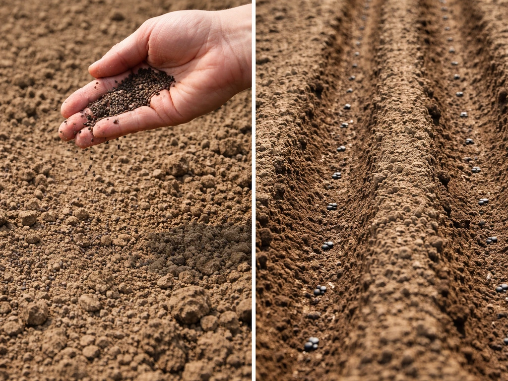 Close-up: hand-broadcast seeds scattered on soil beside a narrow drilled seed row.