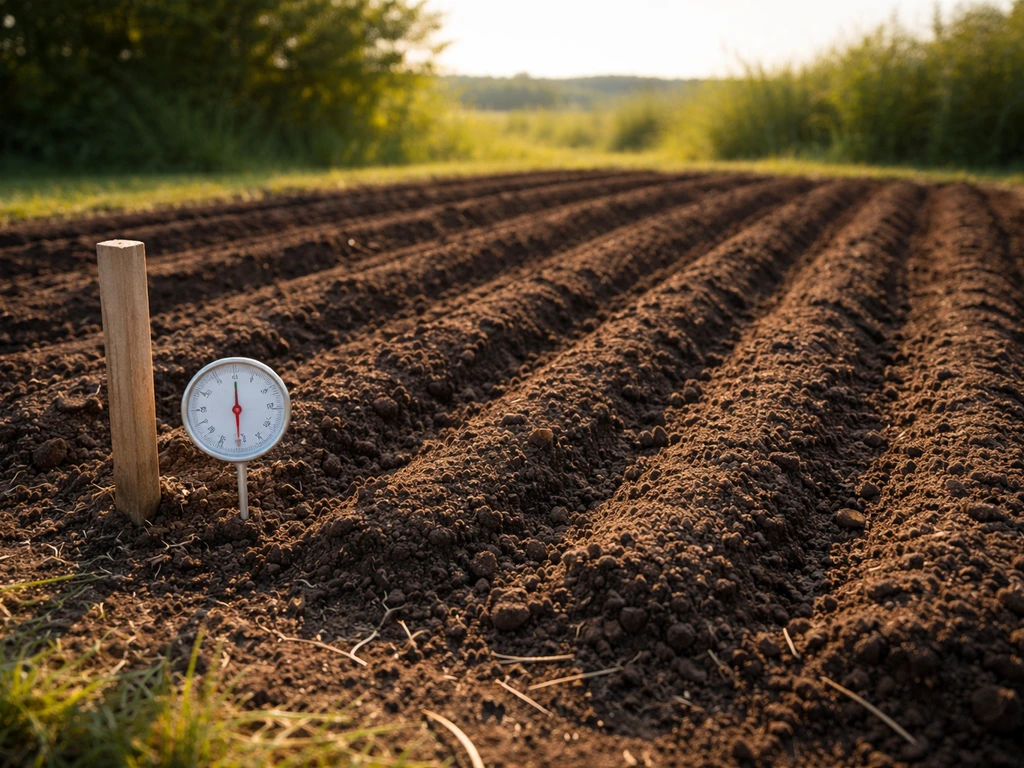 Sunlit prepared planting bed with dark soil, clear shadows, and a soil thermometer probe.