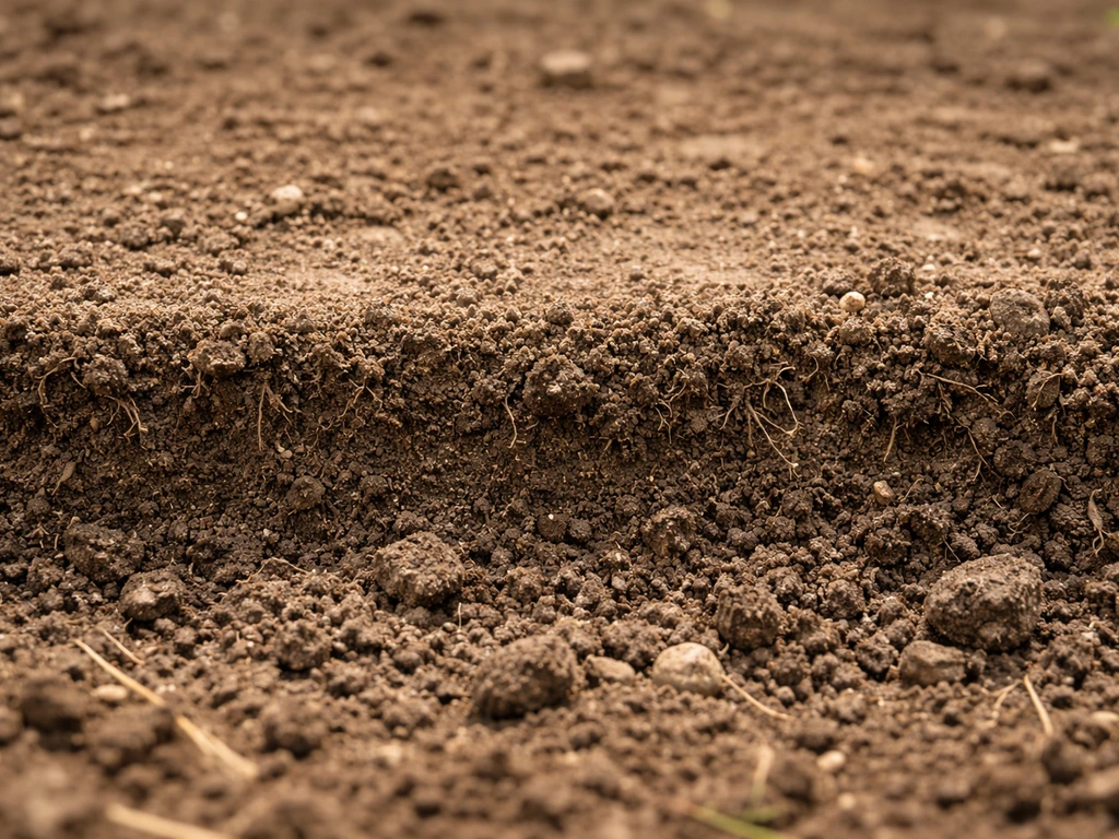 Close-up of topsoil with compacted ground transitioning to loose, crumbly soil texture.