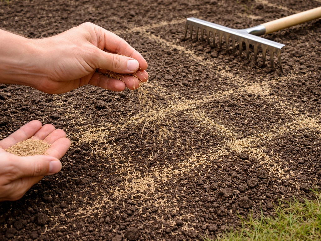 Hands broadcasting grass seed in two crossing passes over bare soil with light rake cover.