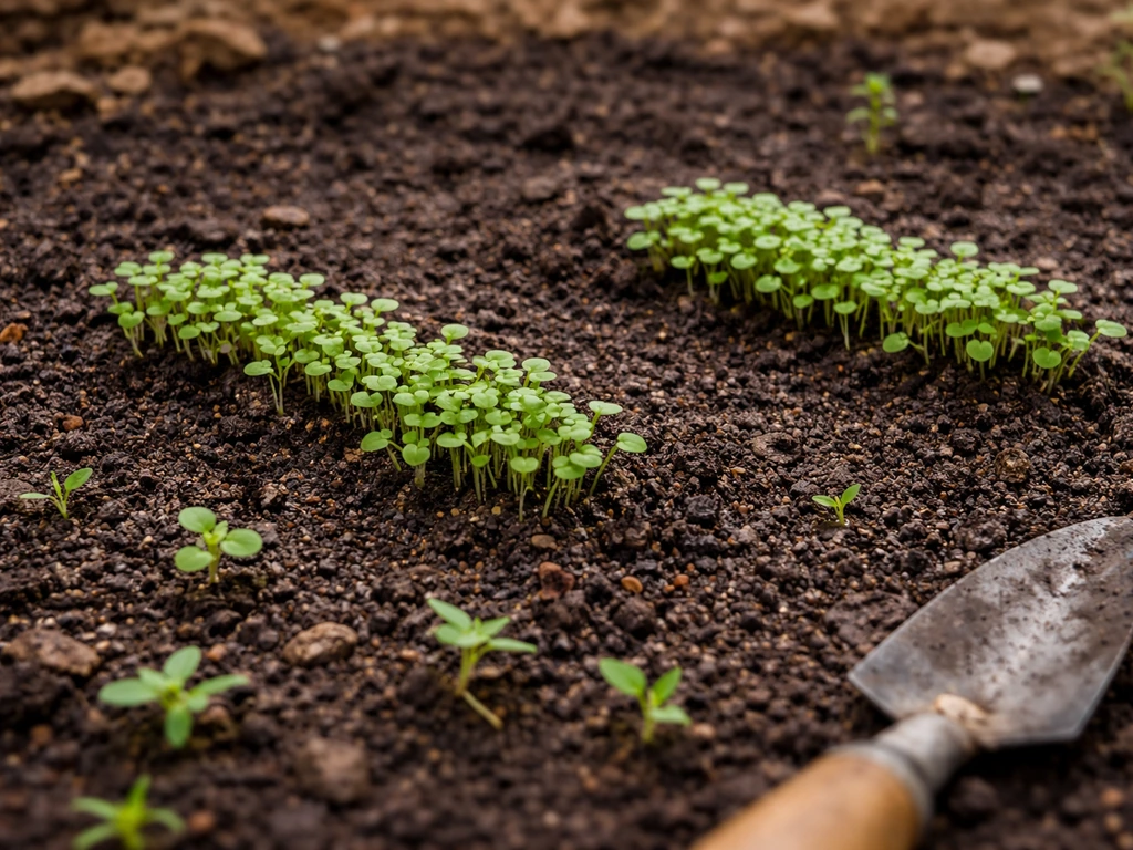 Close-up of new crop sprouts surrounded by early weed seedlings in a small garden bed