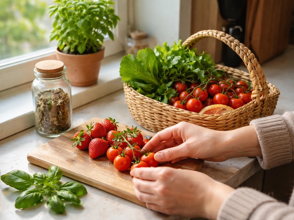 Hands arranging freshly harvested tomatoes and greens on a kitchen counter with a jar of dried herbs.