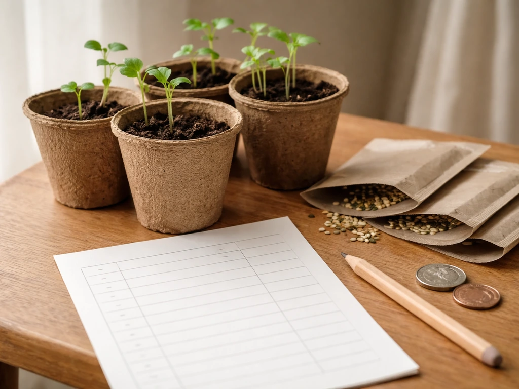 Close-up of seed packets and small seedlings beside a simple budgeting worksheet, suggesting saving money by starting fr