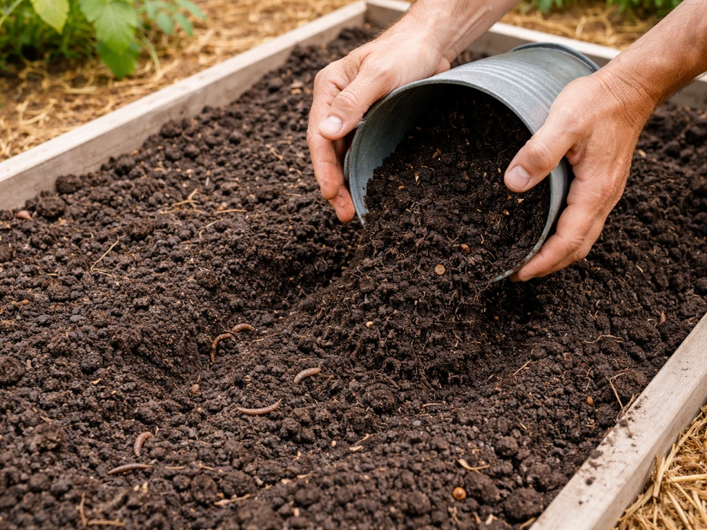 Hands adding dark compost into a garden bed, with visible worms and mulch for soil health.