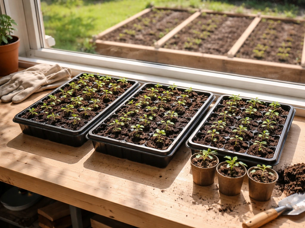 Beginner garden setup with seedling trays and young plants in a simple sunny layout