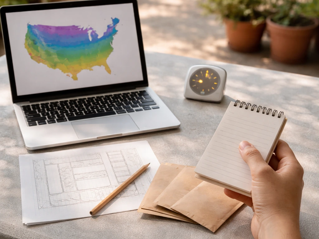 Sunlit table with anonymous hands reviewing a gardening plan: hardiness map, sunlight timer, layout sketch, and seed pac