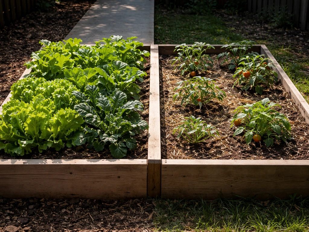 Garden raised beds with full-sun and partial-shade areas showing greens thriving and fruiting plants needing more sun
