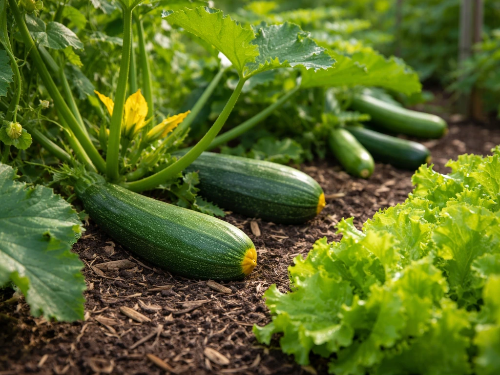 Harvest-ready zucchini and summer squash growing beside lettuce and beans in organic mulch.