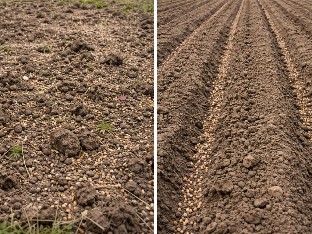 Split view: broadcast seed on rough ground versus neat drilled rows with sprouting vegetation.