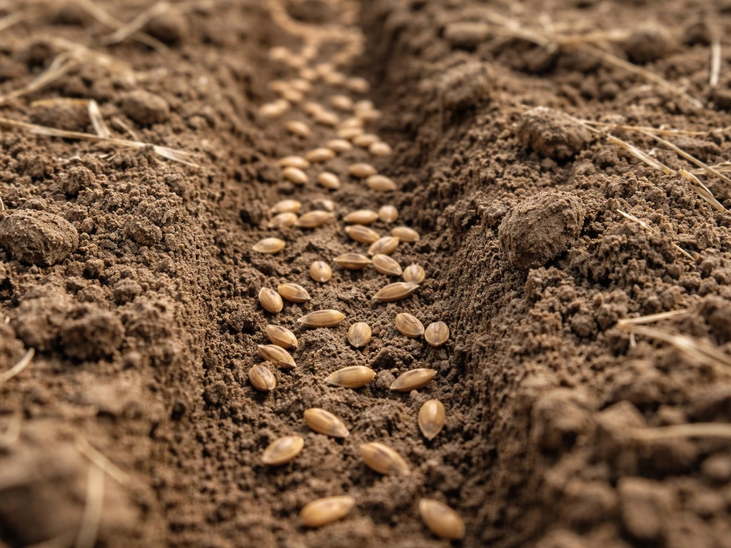 Broadcast seed grains resting in small residue-free soil pockets after minimal no-till prep.