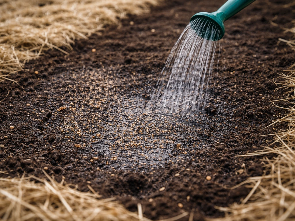 Gentle watering of freshly seeded soil with a thin mulch layer to retain moisture