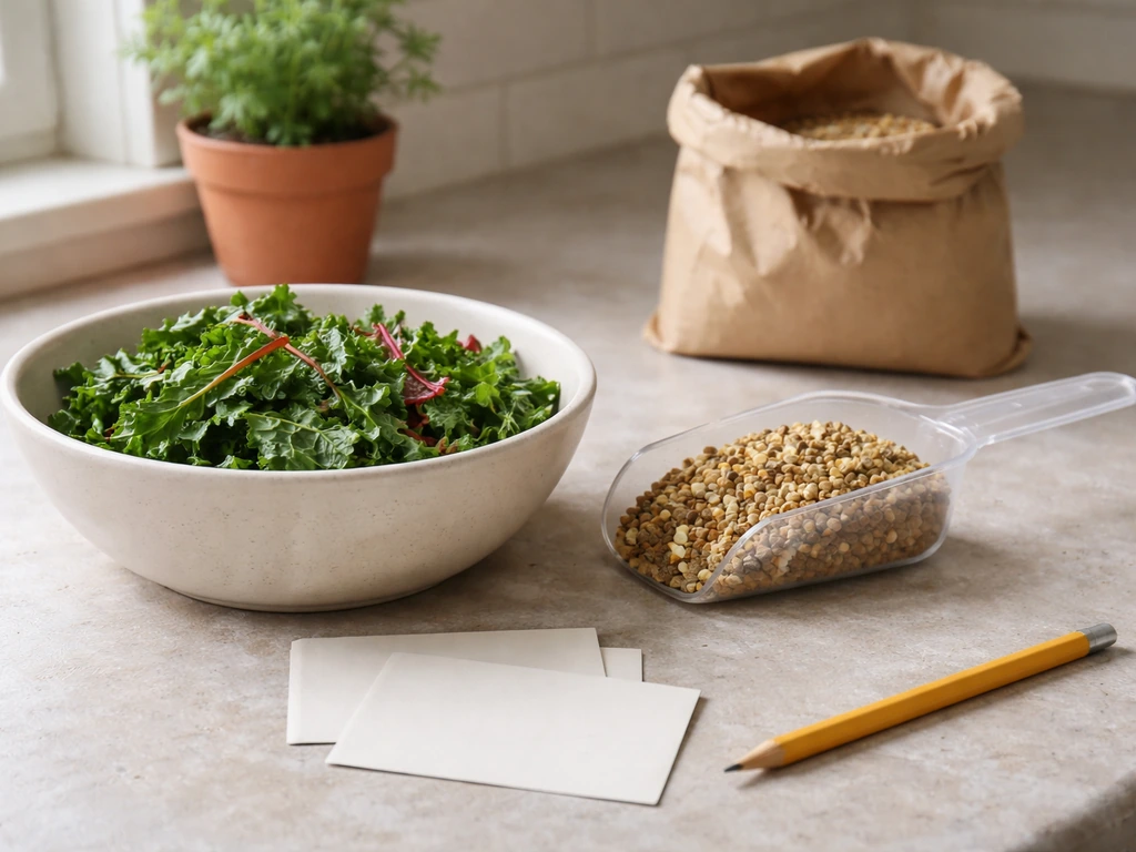 Bowl of mixed leafy greens with a measured scoop of layer feed on a simple kitchen counter.