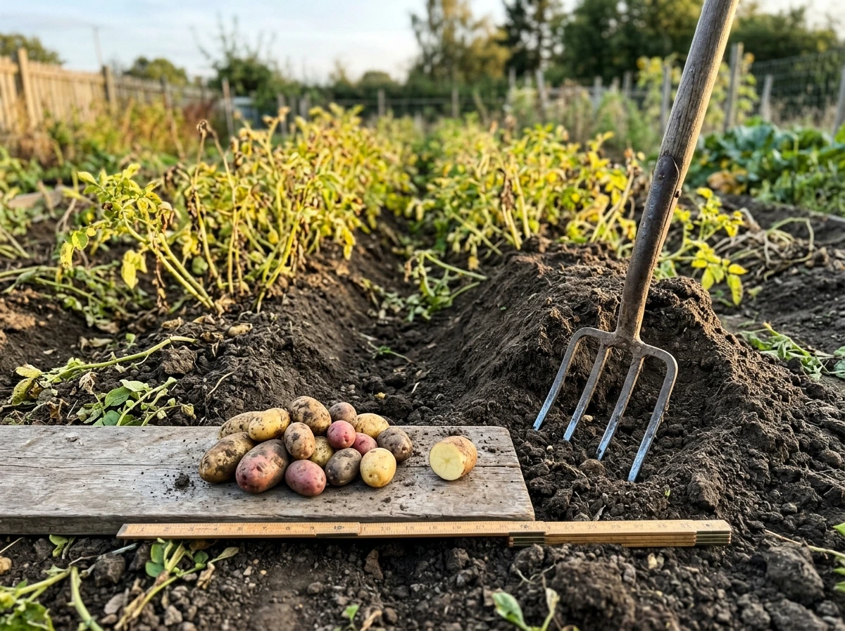 Potato row with mounded hills, a fork in the soil, and harvested potatoes for yield context.
