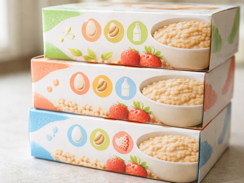 Close-up of stacked baby oatmeal packages highlighting allergen sections on plain packaging.