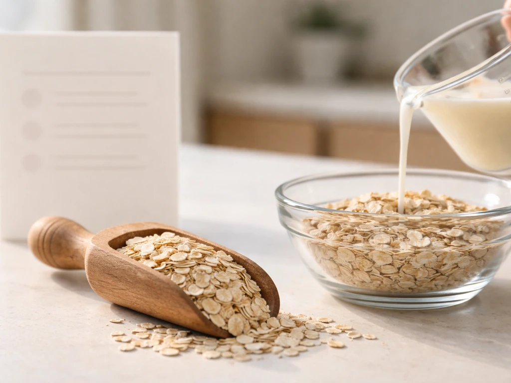 Dry oatmeal scoop next to a blank ingredient panel card and a mixing cup highlighting mixing liquid matters.