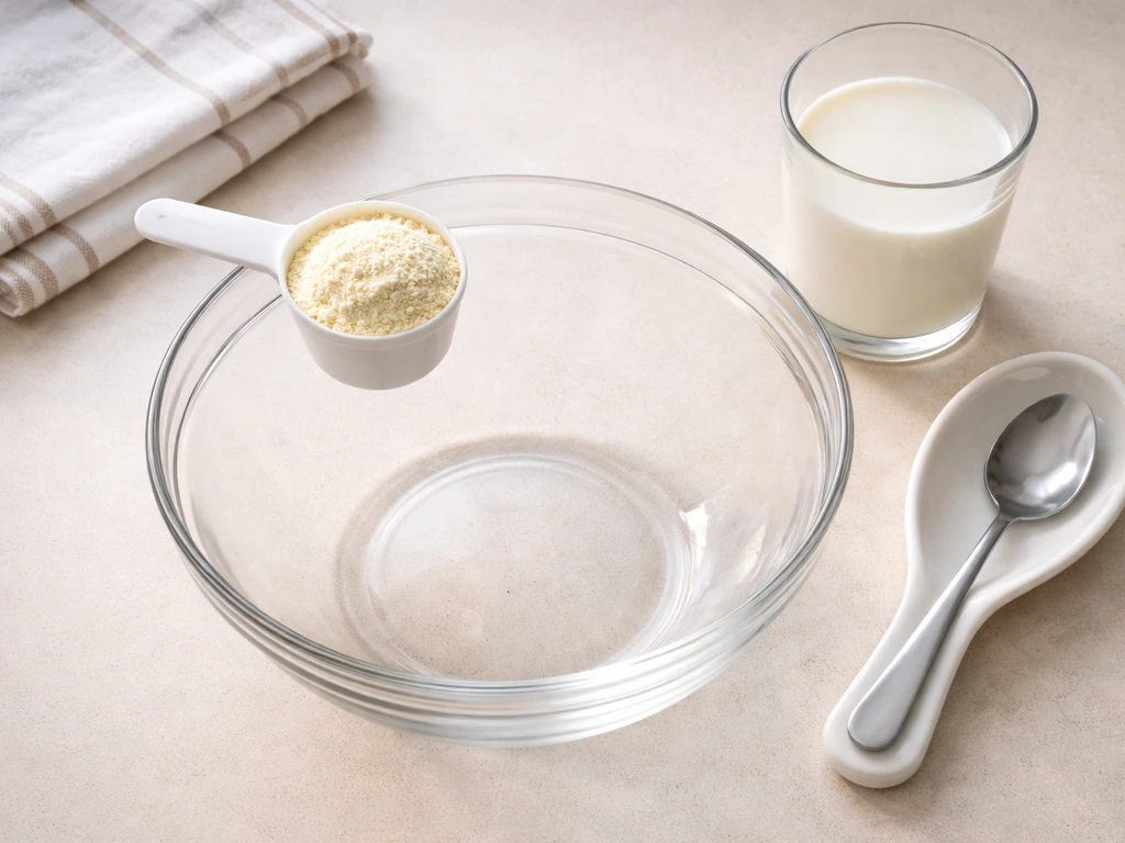Top-down view of measuring scoop and dry powder over a clean bowl with a cup of water/formula nearby.