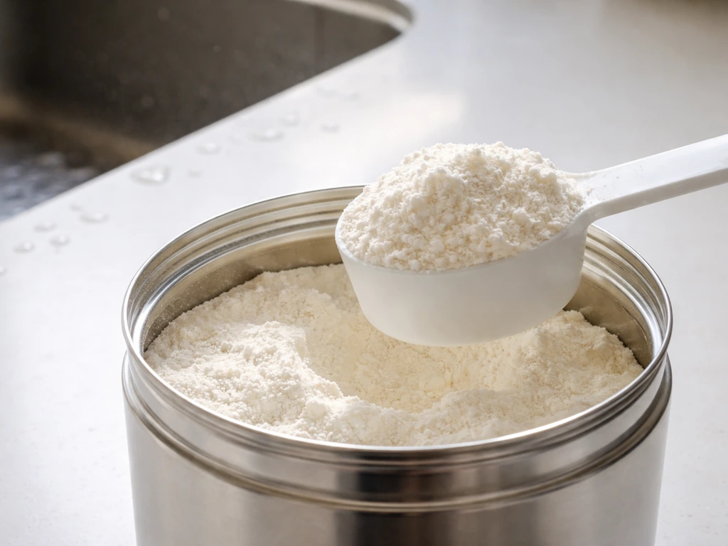 Dry scoop portioning powder from a canister, with powder protected from moisture droplets.