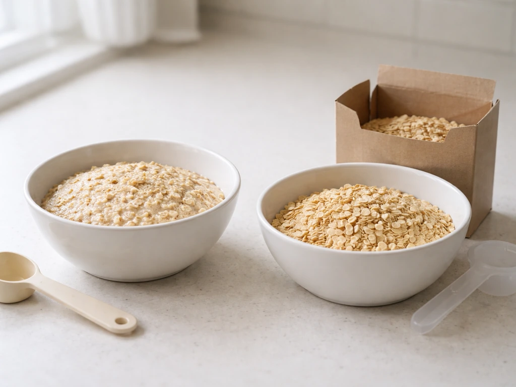 Two bowls side by side: creamy home oats and dry fortified infant cereal in an open box.