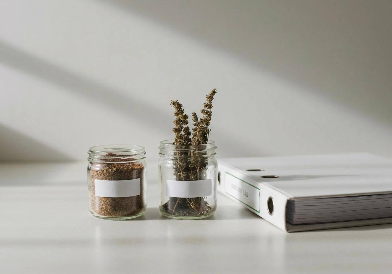 Minimal countertop photo with jars of soil and herbs beside a plain binder, suggesting organic rules.