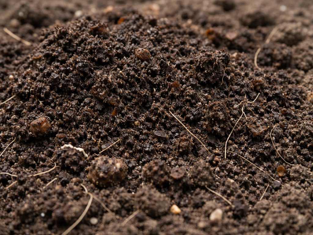 Close-up of dark compost mixed into garden soil with root hairs, showing healthy organic matter.