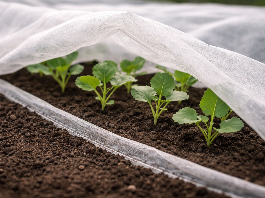 Fabric row cover draped over brassica seedlings with edges sealed to exclude insect pests.