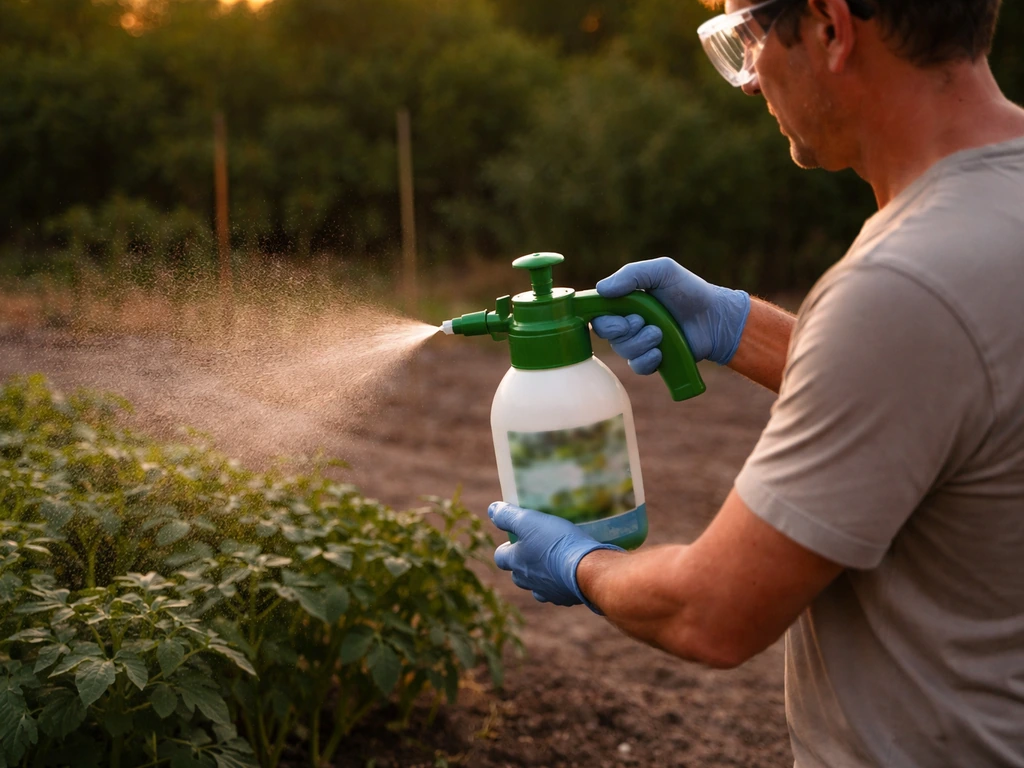 Grower in gloves applying organic spray at dusk with eye protection, evening light, and a small product label visible