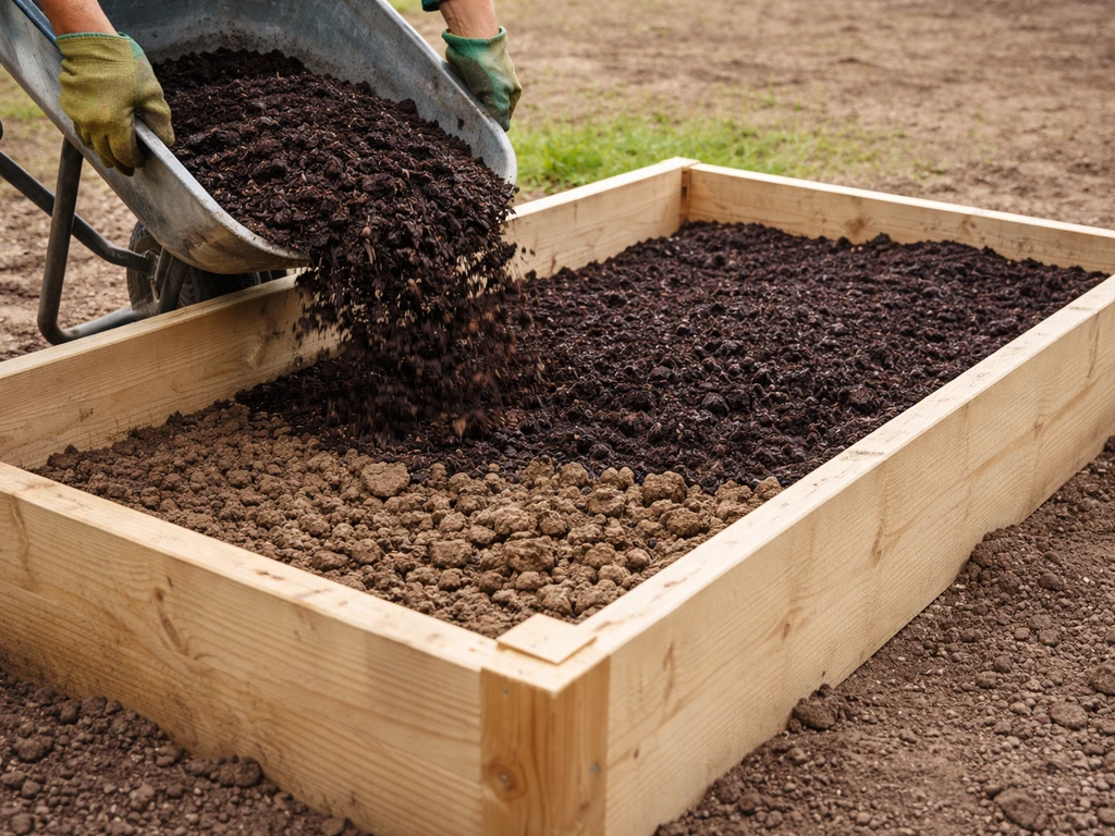 Raised garden bed being filled from scratch with compost layered over clumpy clay soil.