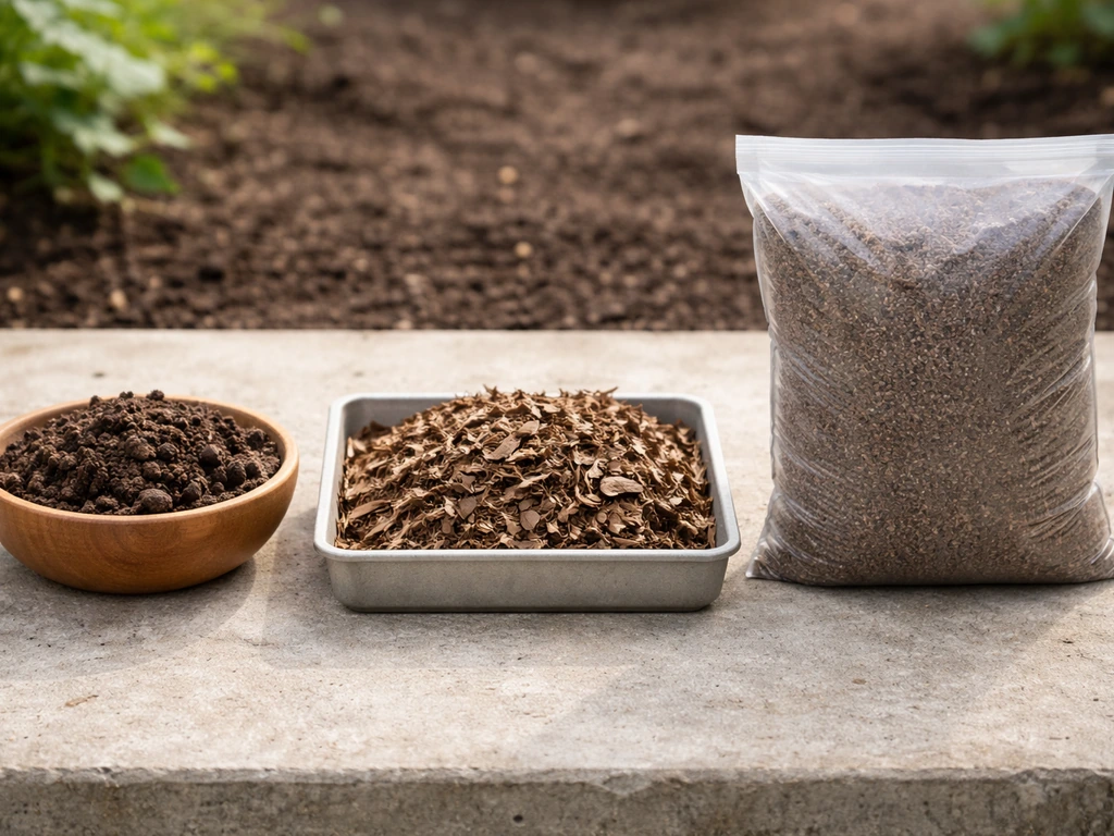 Minimal side-by-side photo showing well-aged manure, leaf mold, and bagged soil amendment in separate containers.