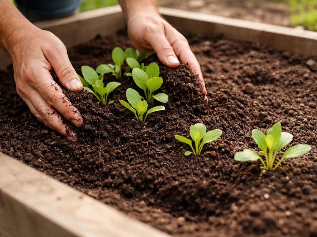 Garden top-dressing of compost around established plants, with shallow disturbed soil showing contrast