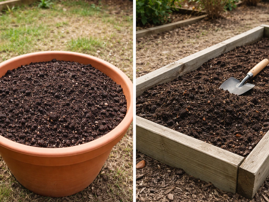 Planter with quality potting mix beside an in-ground bed receiving compost and a shovel